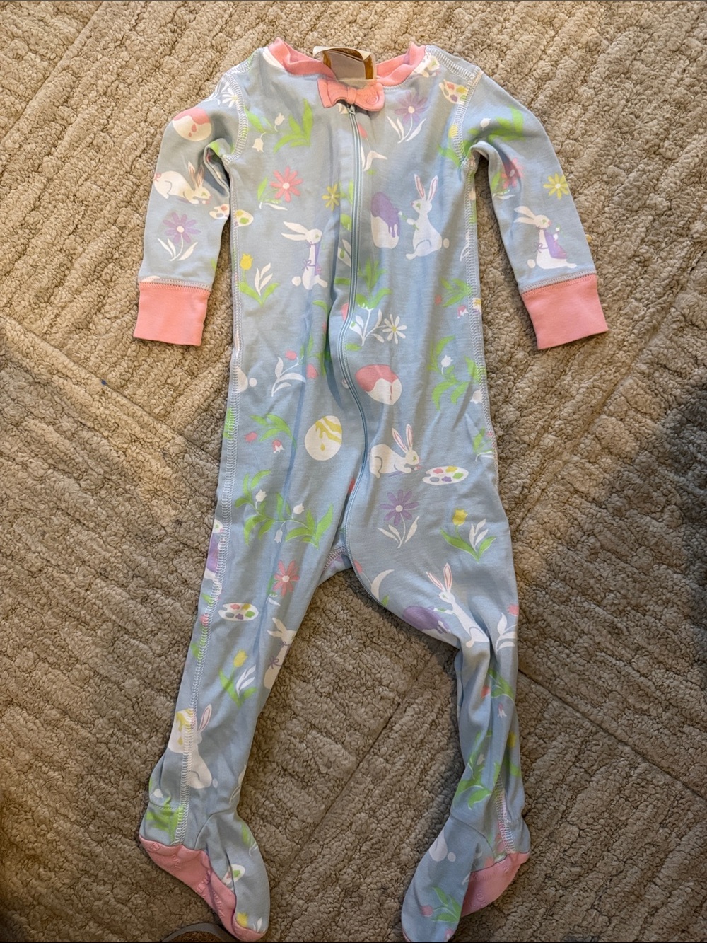 The Beaufort Bonnet Company Light Blue Bunny Print Footed Pajamas with Pink Trim